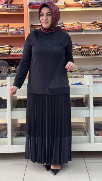Deri Ve File Detaylı Etekli Takım Siyah/7096