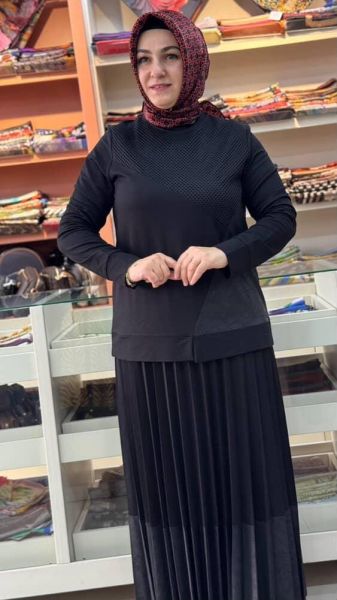 Deri Ve File Detaylı Etekli Takım Siyah/7096