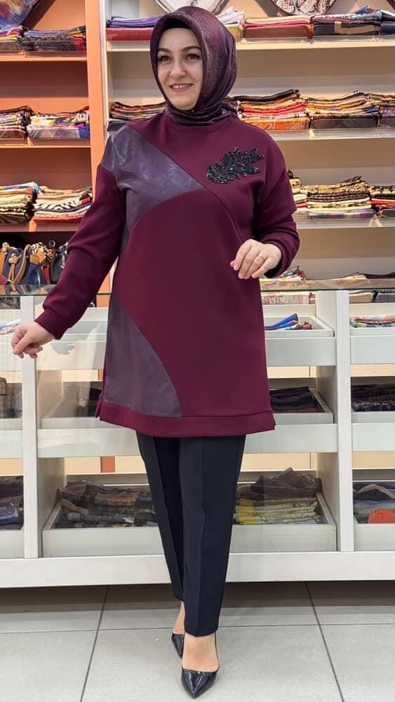 Morİpek - Deri Ve Yaprak Taş Detaylı Tunik Bordo/2303