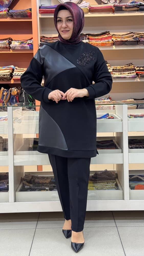 Morİpek - Deri Ve Yaprak Taş Detaylı Tunik Siyah/2303