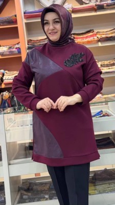 Deri Ve Yaprak Taş Detaylı Tunik Bordo/2303 - Thumbnail