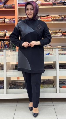 Deri Ve Yaprak Taş Detaylı Tunik Siyah/2303 - Thumbnail