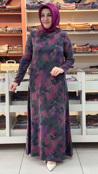 Desenli İpek Cupra Elbise Pembe/26306