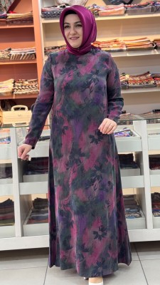 Desenli İpek Cupra Elbise Pembe/26306 - Thumbnail