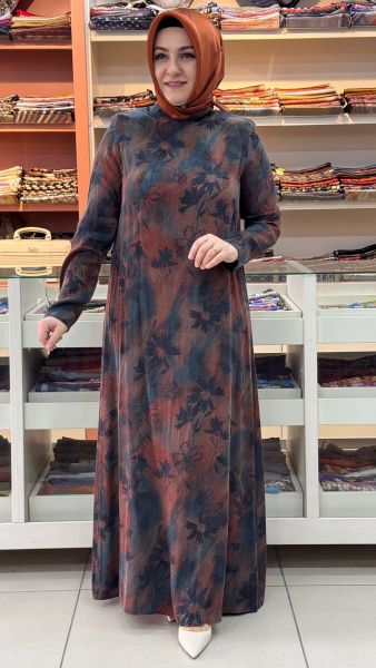 Desenli İpek Cupra Elbise Kiremit/26306