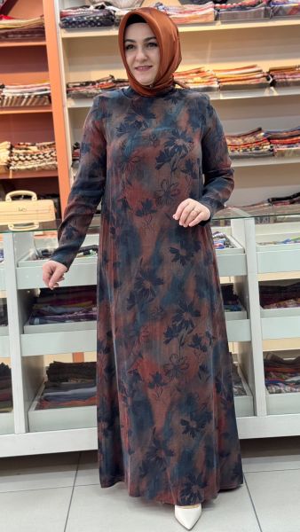 Desenli İpek Cupra Elbise Kiremit/26306