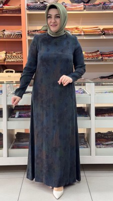 Desenli İpek Cupra Elbise Siyah/26306 - Thumbnail