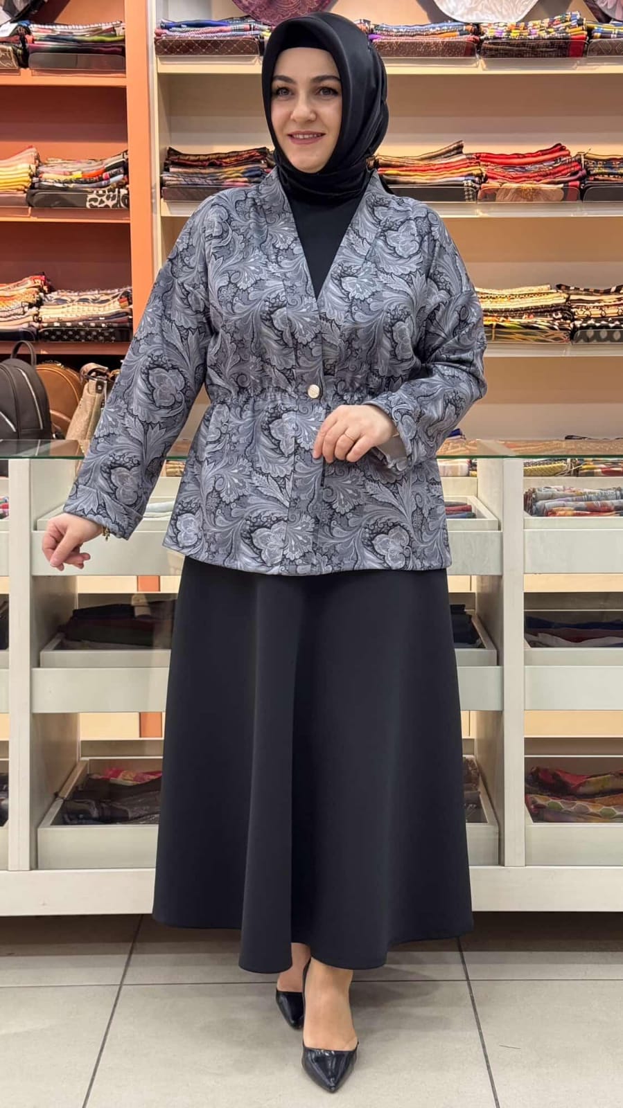 inza moda - Desenli Scuba Etekli Takım Siyah/1226