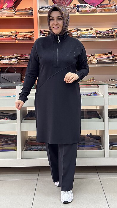 Kado - Dik Yaka Fermuar Ve Taş Detaylı Tunik Siyah/268530 