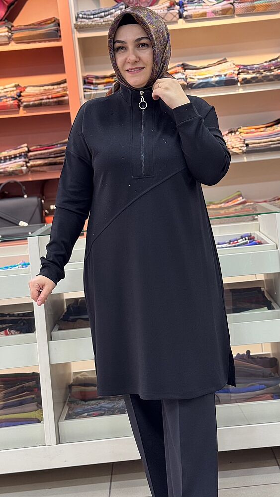Dik Yaka Fermuar Ve Taş Detaylı Tunik Siyah/268530 