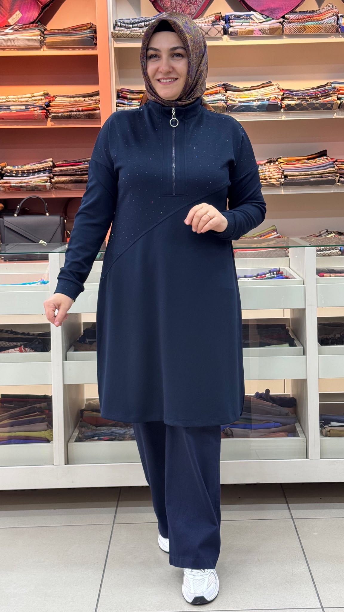 Kado - Dik Yaka Fermuar Ve Taş Detaylı Tunik Lacivert/268530 