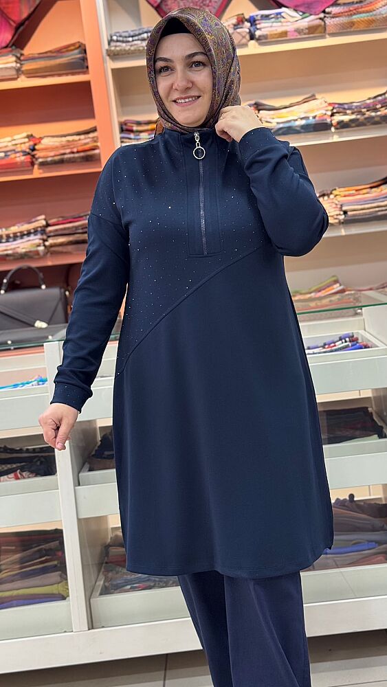 Dik Yaka Fermuar Ve Taş Detaylı Tunik Lacivert/268530 