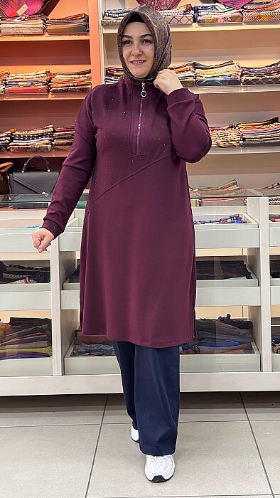 Dik Yaka Fermuar Ve Taş Detaylı Tunik Bordo/268530 