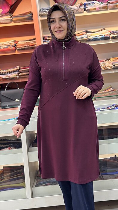 Dik Yaka Fermuar Ve Taş Detaylı Tunik Bordo/268530 - Thumbnail