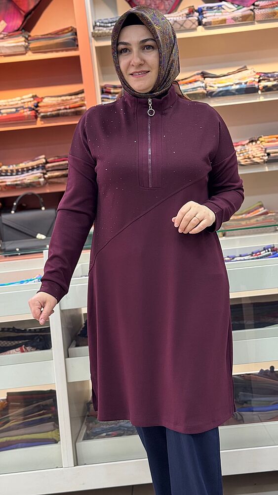 Dik Yaka Fermuar Ve Taş Detaylı Tunik Bordo/268530 