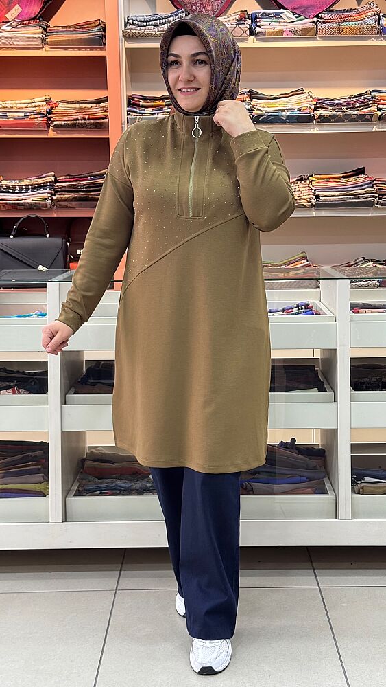 Dik Yaka Fermuar Ve Taş Detaylı Tunik Yağ Yeşili/268530 