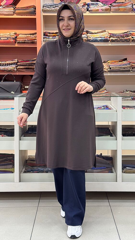 Dik Yaka Fermuar Ve Taş Detaylı Tunik Acı Kahve/268530