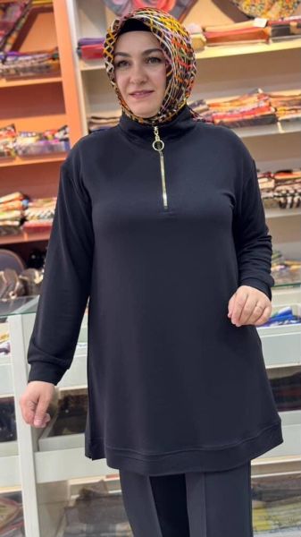Dİk Yaka Fermuarlı Tunik Siyah/257294