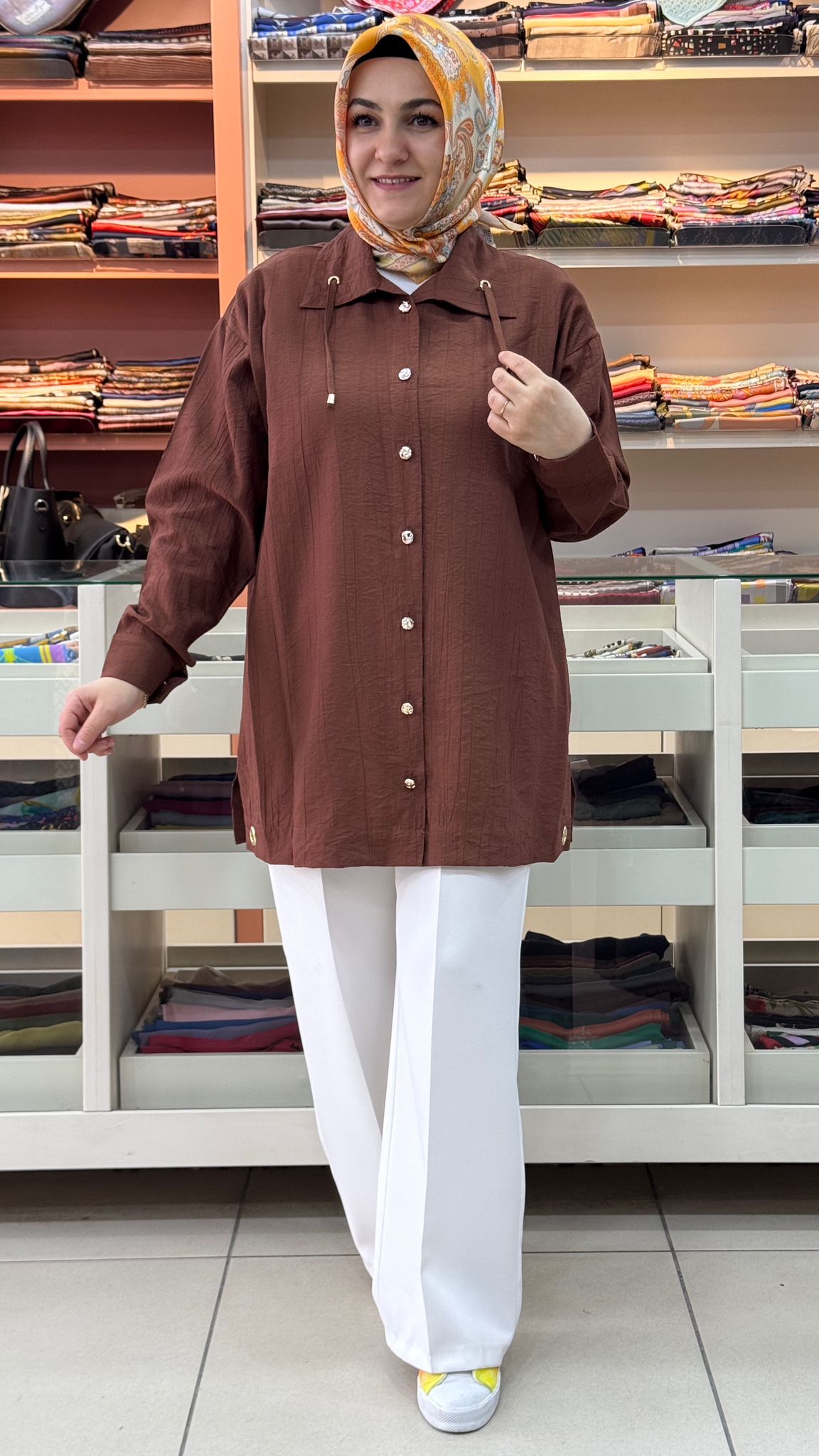 İnza Moda - Dik Yaka İp Detaylı Tunik Kahverengi/1965 