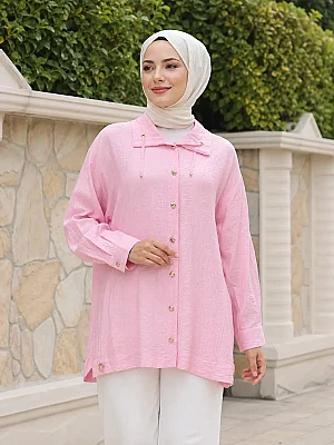 İnza Moda - Dik Yaka İp Detaylı Tunik Pembe/1965 