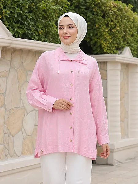 Dik Yaka İp Detaylı Tunik Pembe/1965 