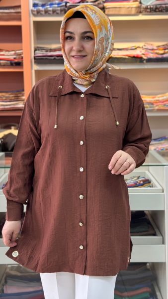 Dik Yaka İp Detaylı Tunik Kahverengi/1965 