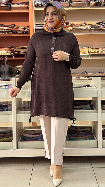 Dik Yaka Jakarlı Taşlı Tunik Kahverengi/26202