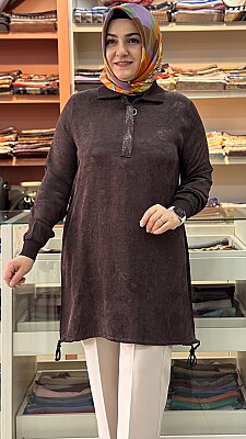 Dik Yaka Jakarlı Taşlı Tunik Kahverengi/26202 - Thumbnail