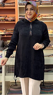 Dik Yaka Jakarlı Taşlı Tunik Siyah/26202 - Thumbnail