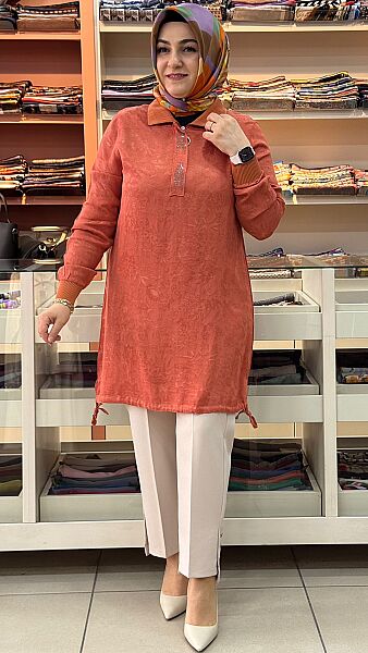 Dik Yaka Jakarlı Taşlı Tunik Turuncu/26202