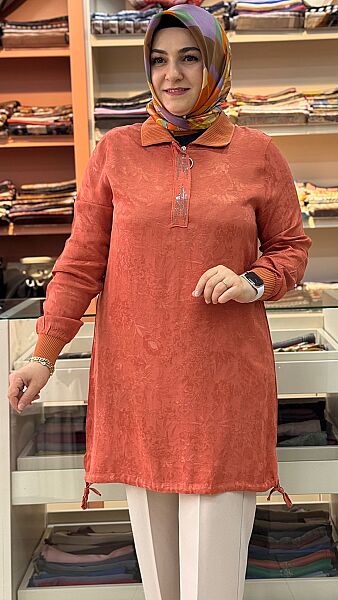 Dik Yaka Jakarlı Taşlı Tunik Turuncu/26202