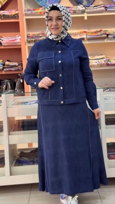 Dikiş Detaylı Denim Etekli Takım Mavi/2517085 - Thumbnail