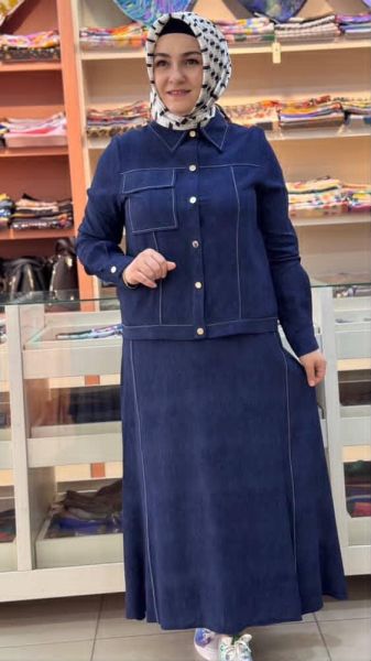 Dikiş Detaylı Denim Etekli Takım Mavi/2517085