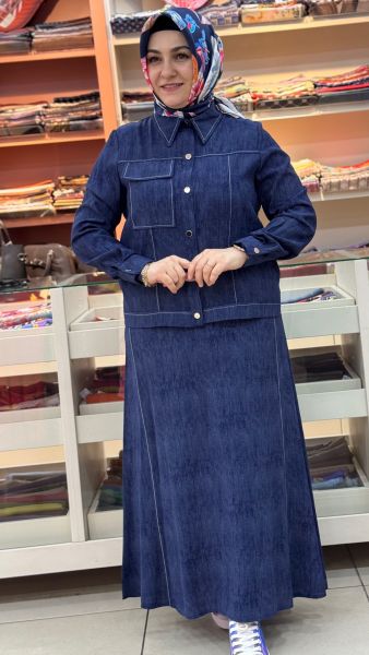 Dikiş Detaylı Denim Etekli Takım Mavi/2517085