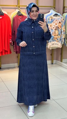 Dikiş Detaylı Denim Etekli Takım Mavi/2517085 - Thumbnail