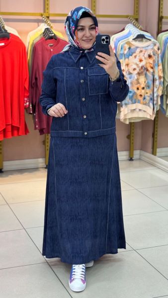 Dikiş Detaylı Denim Etekli Takım Mavi/2517085