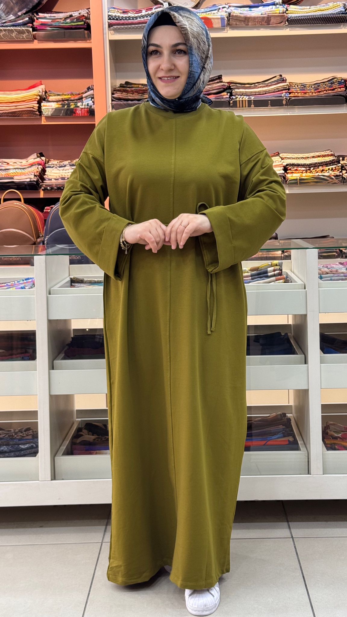 Ekru - Duble Kol Dikişli Elbise Yağ Yeşili/3170