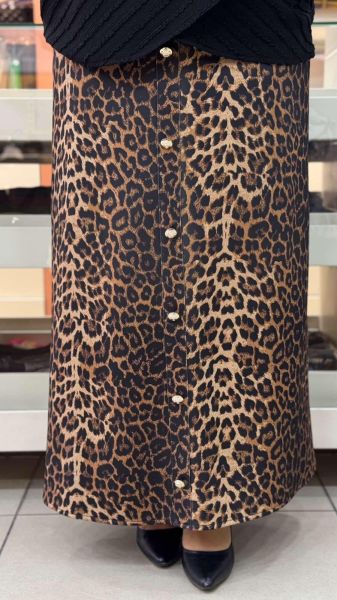Düğme Deatylı Leopar Etek Siyah/7601