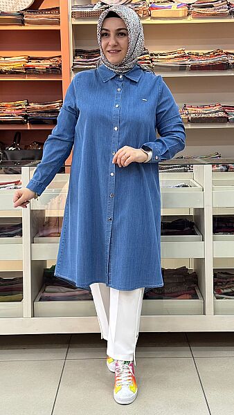Düğme Detaylı Basic Tunik Mavi/53401
