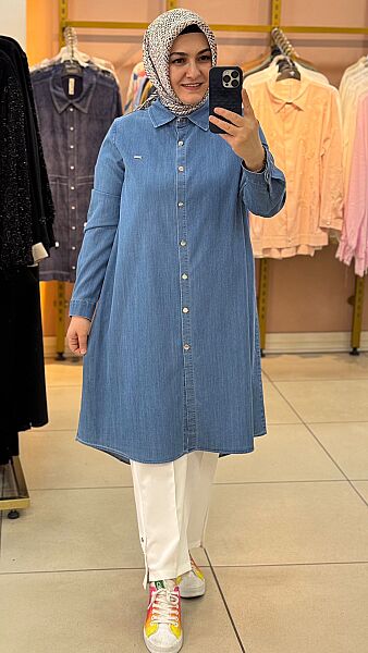 Düğme Detaylı Basic Tunik Mavi/53401