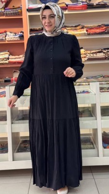 Düğme Detaylı Elbise Siyah/12625 - Thumbnail
