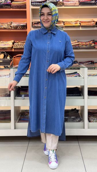 Düğme Detaylı Gömlek Yaka Tencel Kap Mavi / 80002