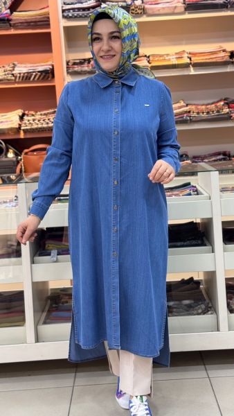Düğme Detaylı Gömlek Yaka Tencel Kap Mavi / 80002