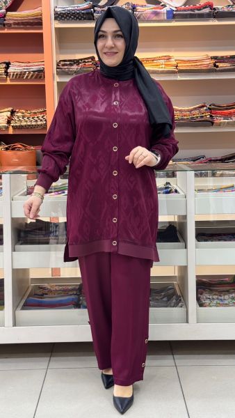 Düğme Detaylı Jakarlı Takım Bordo/6218
