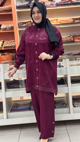 Düğme Detaylı Jakarlı Takım Bordo/6218