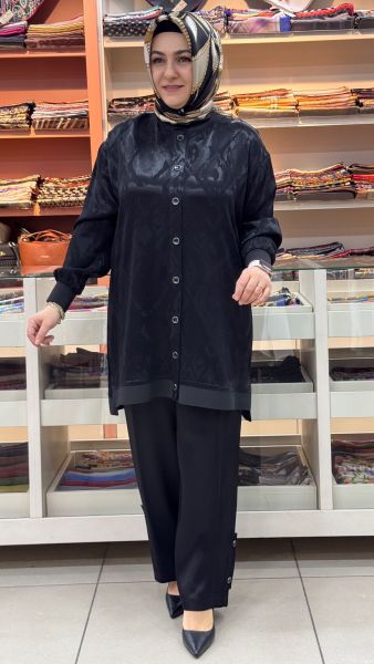 Düğme Detaylı Jakarlı Takım Siyah/6218