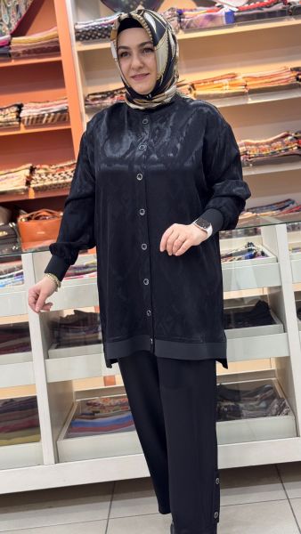 Düğme Detaylı Jakarlı Takım Siyah/6218
