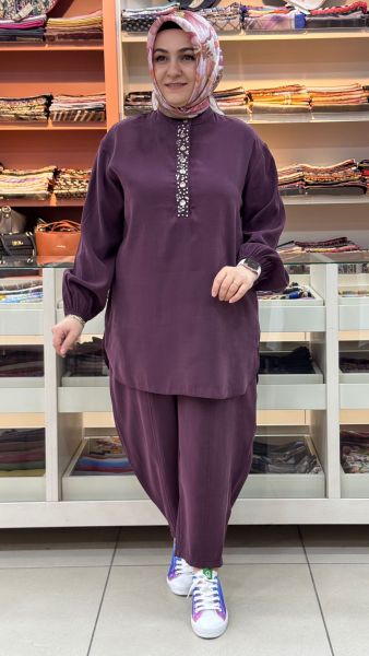 Düğme Detaylı Kolu Lastikli Takım Mürdüm/14422