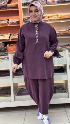 Düğme Detaylı Kolu Lastikli Takım Mürdüm/14422 - Thumbnail