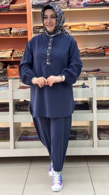 Düğme Detaylı Kolu Lastikli Takım Lacivert/14422 - Thumbnail